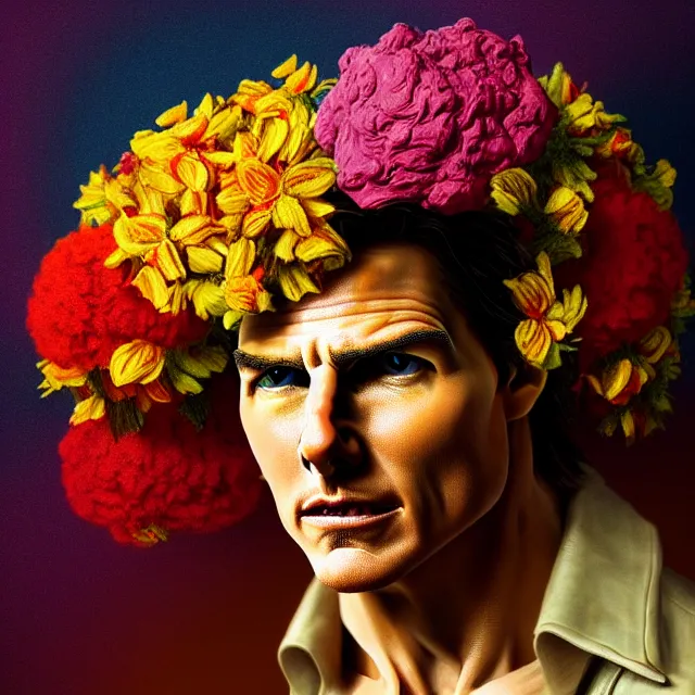 Prompt: bizarre surreal renaissance portrait of tom cruise with a a flower afro made out of various flowers, dramatic cinematic lighting, bold colors, 8 k, beautiful intricate painting, hyper realistic, octane render