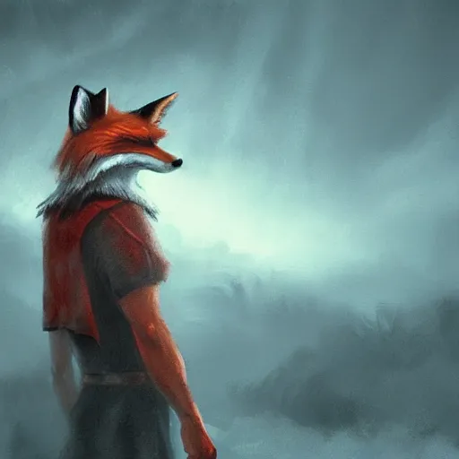 Image similar to man with a fox mask cast a thunder spell, storm, landscape, trees, artstation