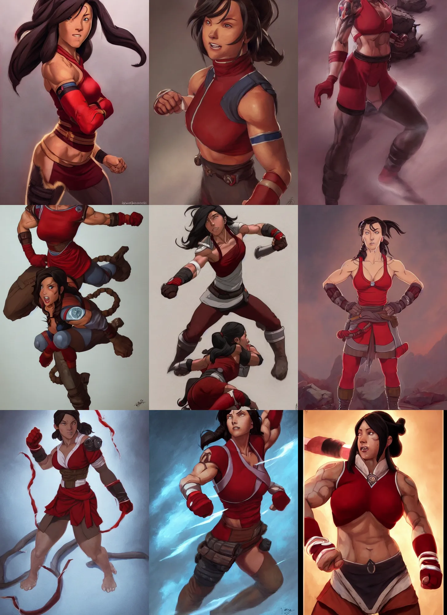 Prompt: a realistic portrait of korra, muscular, wearing red attire, bandage taped fists, medium length black hair, red phoenix tattoo on back, serious, style by donato giancola, wayne reynolds, jeff easley dramatic light, high detail, cinematic lighting, artstation, dungeons and dragons