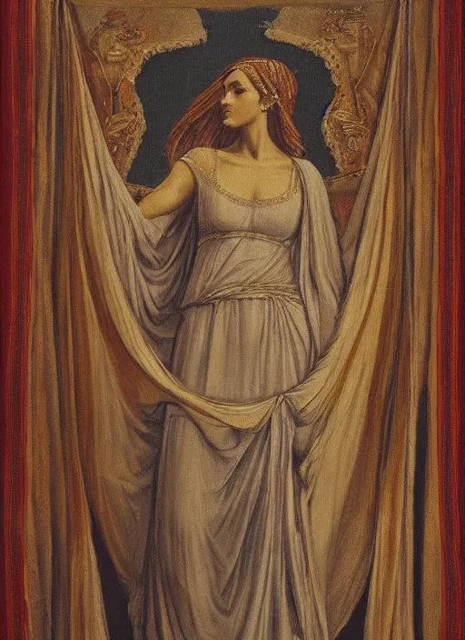 Image similar to Portrait of a beautiful priestess from the oracle of Delphi, looking into the flames, greek fabric