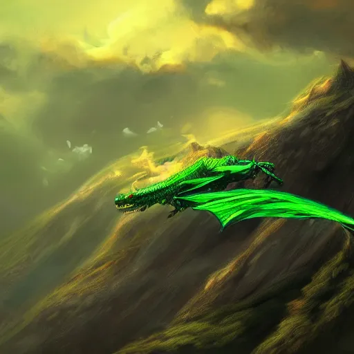 Prompt: a green dragon flying in the cloudy skies while breathing out green fire, digital art, trending on artstation