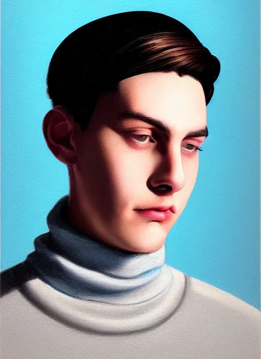 Image similar to portrait of teenage jughead jones wearing a light grey crown, crown, blue turtleneck, 1 9 5 0 s, closed eyes, photorealistic, black hair, glowing lighting, intricate, elegant, glowing lights, highly detailed, digital painting, artstation, concept art, smooth, sharp focus, illustration, art by wlop, mars ravelo and greg rutkowski