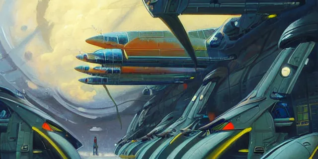 Image similar to a painting of a sci fi hangar, by jesper ejsing