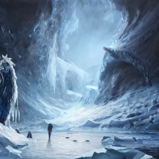 Prompt: A highly detailed oil painting in the style of Greg Rutkowski and Afremov of a very deep, very very dark cave with a huge frozen lake in the middle of it and an Ancient Ice dragon sleeping near a very big treasure pile, in the middle of a blizzard.