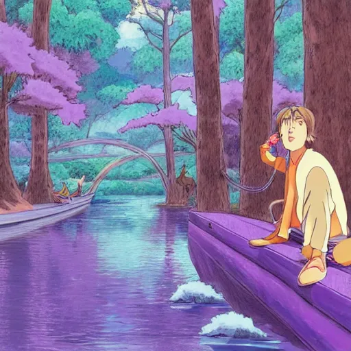 Image similar to purple guy looking at wild animals in ghibli style in studio ghibli artstyle, art, smooth, highly detailed, 4k, art, anime, colorful, river, beautiful scene,