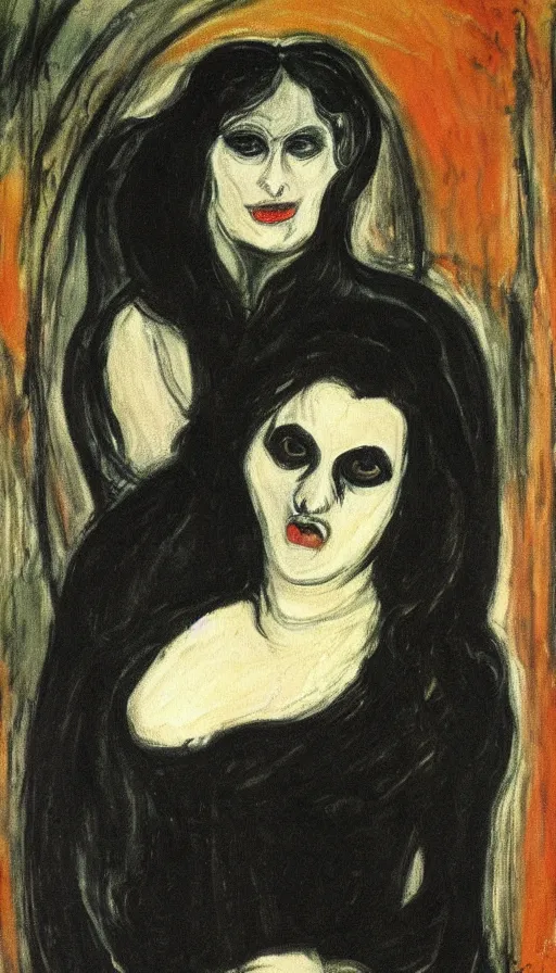 Prompt: carmilla vampire, expressionist painting, by edvard munch, catacombs