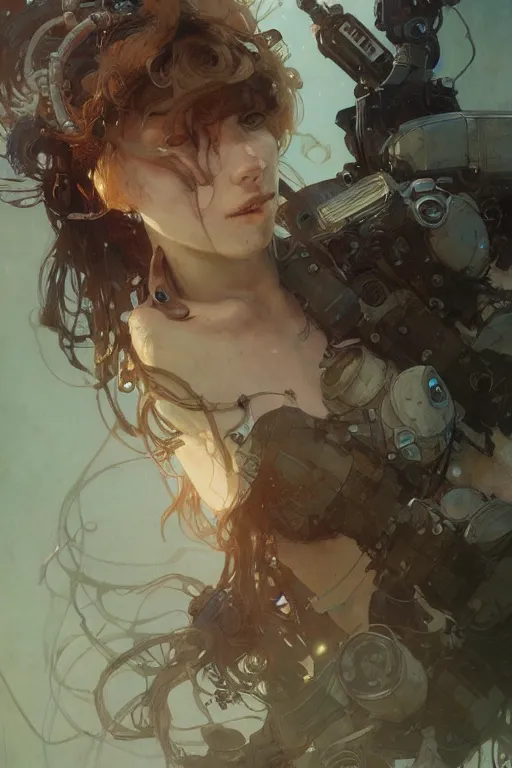 Image similar to A full portrait of a beautiful post apocalyptic deep sea diver, intricate, elegant, highly detailed, digital painting, artstation, concept art, smooth, sharp focus, illustration, art by Krenz Cushart and Artem Demura and alphonse mucha