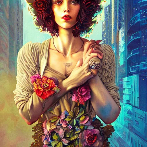 Image similar to Lofi cyberpunk portrait beautiful woman with short brown curly hair, roman face, phoenix, rainbow, floral, Tristan Eaton, Stanley Artgerm, Tom Bagshaw