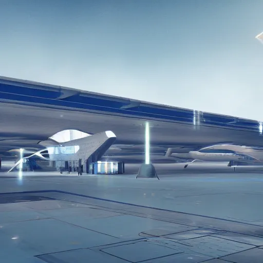 Image similar to A scifi futuristic airport, rockets are tech, blue and grey, octane render, digital art