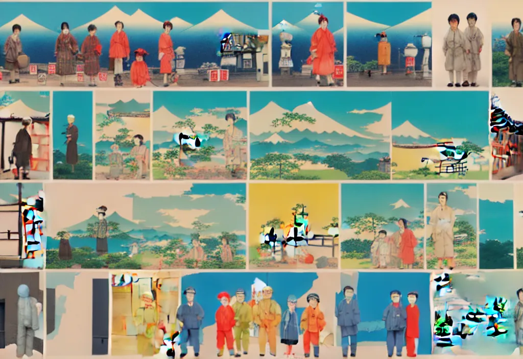 Prompt: full frame, a row of a few european tourists standing with a variety of poses and props, [ several ] character designs, ( rural japan ) a collage painting, in the style of wes anderson, lola dupre, david hockney, [ isolated on negative white space background ] dark monochrome neon spraypaint accents volumetric octane render