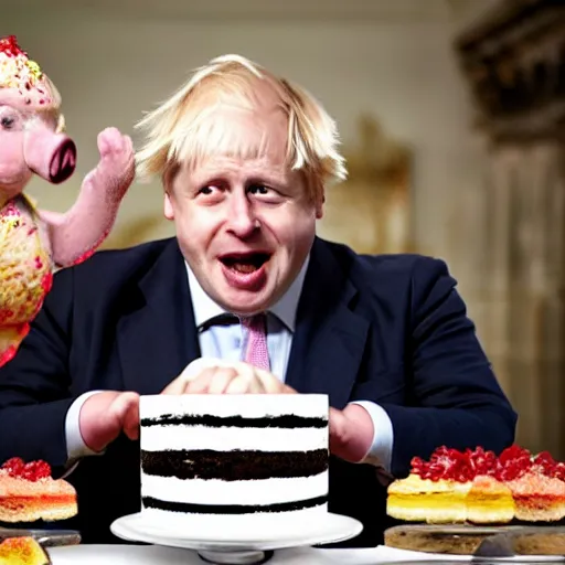 Image similar to pig man boris johnson attacking a cake