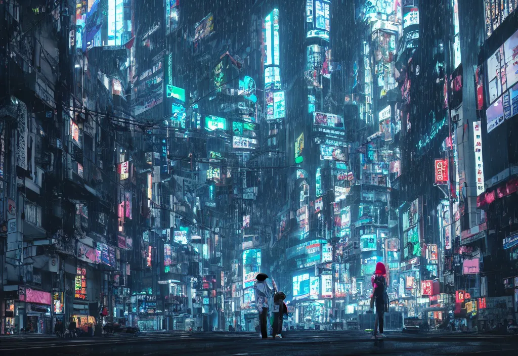 Prompt: 5 0 foot cyberpunk woman, giant, in tokyo city, skyscapers, spot lights, raining, wet, roger deakins cinematography, realistic, stylised, unreal engine, hyper realistic, octane render, camera bloom, fog, bladerunner