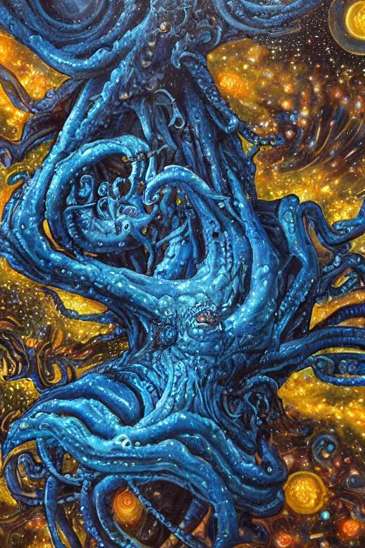 Image similar to oil painting, close-up, hight detailed, giant lovecraftian monster with flowers everywhere beneath night stars mixed with blue sky, in style of 80s sci-fi art, neodada