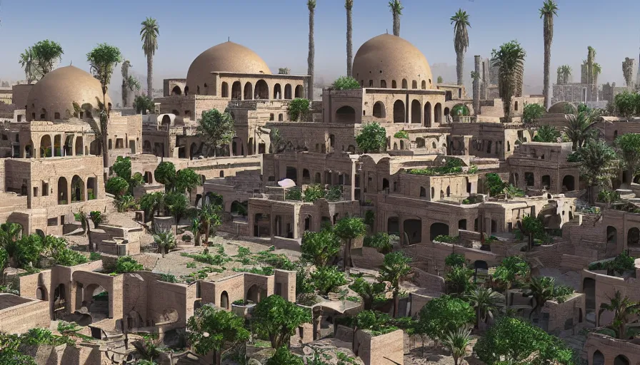 Prompt: ancient iranian city with rooftop gardens, flowers, palms, artstation