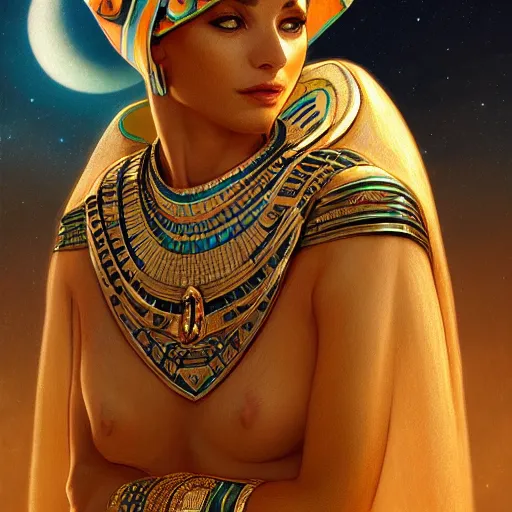 Image similar to Portrait of a cat dressed as a Pharaoh, moon in the background, intricate, elegant, highly detailed, digital painting, artstation, concept art, smooth, sharp focus, illustration, art by artgerm and greg rutkowski and alphonse mucha