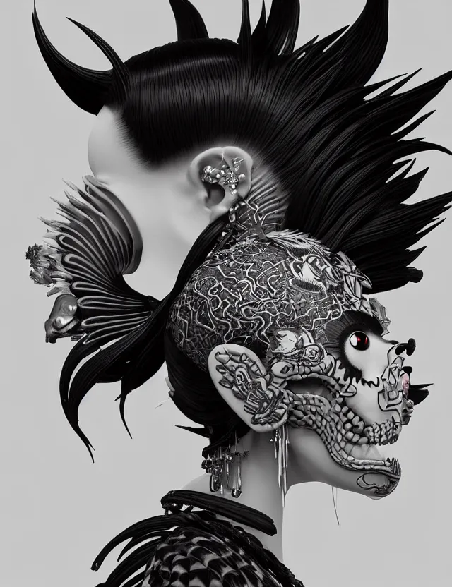 Image similar to 3 d goddess close - up profile simple portrait punk with mohawk with goat skull. beautiful intricately detailed japanese crow kitsune mask and clasical japanese kimono. betta fish, jellyfish phoenix, bio luminescent, plasma, ice, water, wind, creature, artwork by tooth wu and wlop and beeple and greg rutkowski