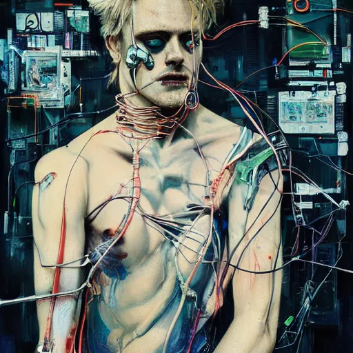 Image similar to boyd holbrook as a cyberpunk hacker, skulls, wires cybernetic implants, machine noir grimcore, in the style of adrian ghenie esao andrews jenny saville surrealism dark art by james jean takato yamamoto and by ashley wood