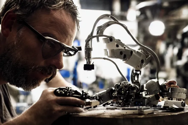 Image similar to cinematography closeup portrait of a Man soldering repairing robot parts in his garage by Emmanuel Lubezki