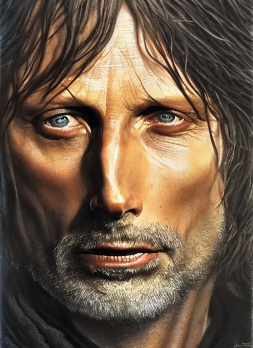 Image similar to Mads Mikkelsen as Aragorn by Alan Lee, golden hour, concept art, detailed clothing, art station, oil painting