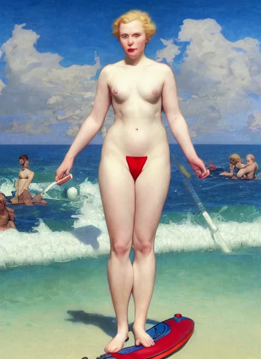 Prompt: portrait Gwendoline Christie as sea lifeguard on the beach, full length shot, shining, 8k highly detailed, sharp focus, illustration, art by artgerm, mucha, bouguereau