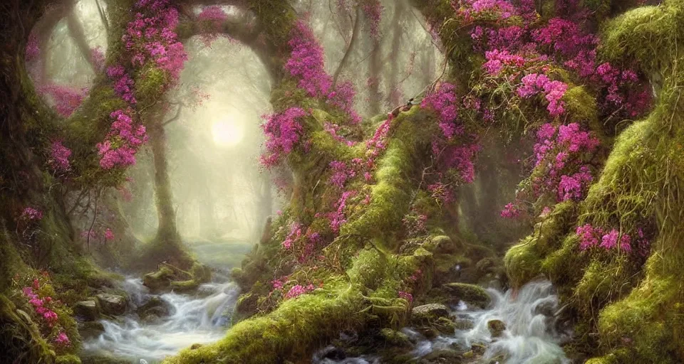 Prompt: dna, woman, ferdinand knab, breath - taking beautiful, streams, flowers, and mist, an aesthetically pleasing, dynamic, energetic, lively, complex, intricate, detailed, well - designed digital art, streams, flowers, and mist, early morning, light and shadow