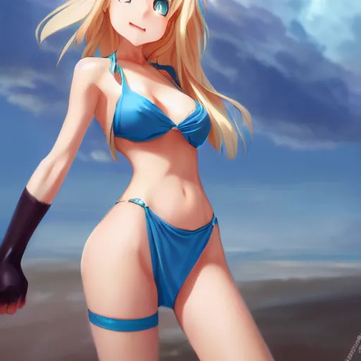 Image similar to a very beautiful young anime giantess, from below perspective,, full body, long wavy blond hair, sky blue eyes, full round face, evil grin, bikini, miniskirt, front view, mid - shot, highly detailed, cinematic wallpaper by stanley artgerm lau