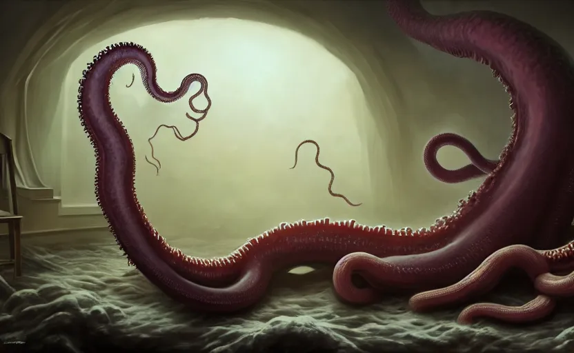 Image similar to matte oil painting of a large lovecraftian tentacle creature crawling over a child's bedroom, extremely detailed, disturbing, cinematic, 4 k, 8 k