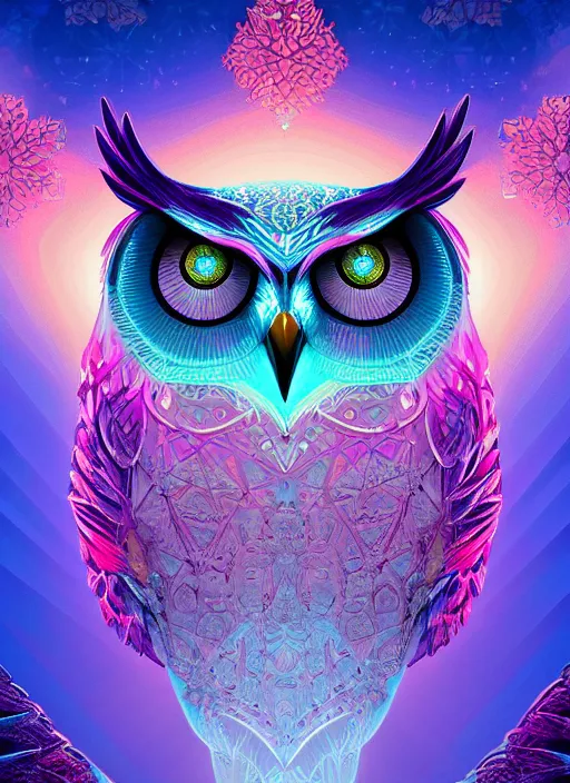 Image similar to symmetry!! product render poster vivid colors divine proportion owl, ice and snow, glowing fog intricate, elegant, highly detailed, digital painting, artstation, concept art, smooth, sharp focus, illustration,