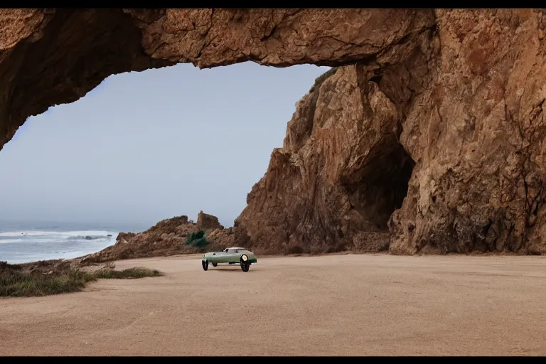 Prompt: cinematography of Ferrari 250 GTO series 2 on El Matador State Beach by Emmanuel Lubezki