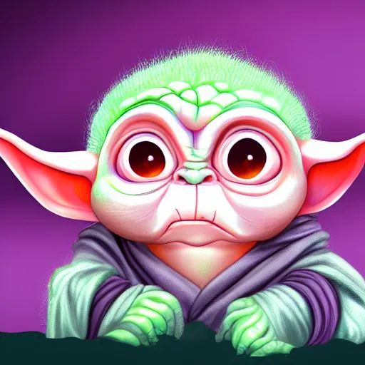 Prompt: digital illustion of grogu with a long orange and purple snake tail, baby yoda, deviantArt, artstation, artstation hq, hd, 4k resolution