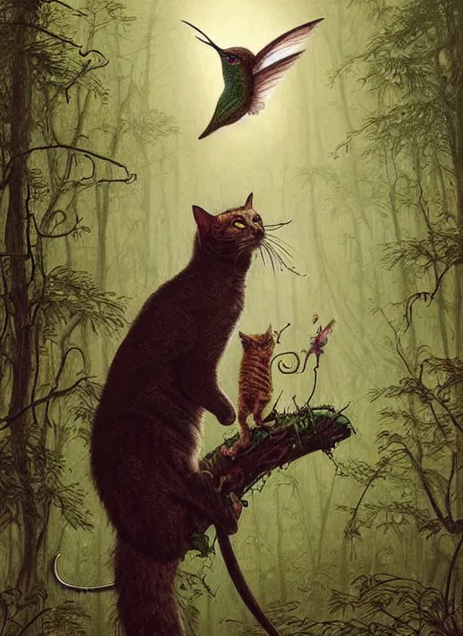 Image similar to a hyper realistic illustrated cat with playing with a hummingbird on its paw in the woods gorgeous lighting, lush forest foliage painting by chiara bautista and beksinski and norman rockwell and greg rutkowski weta studio, and lucasfilm