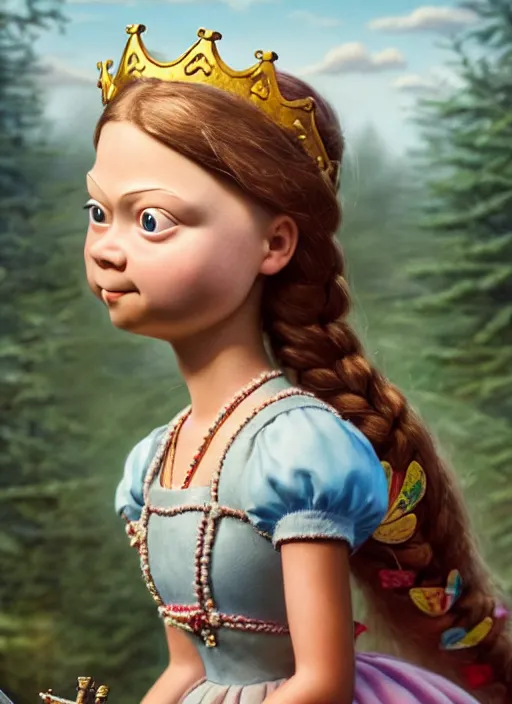 Image similar to highly detailed closeup, face profile portrait of greta thunberg as a tin toy fairytale princess wearing a crown eating cakes, bikini, unreal engine, nicoletta ceccoli, mark ryden, earl norem, lostfish, global illumination, detailed and intricate environment