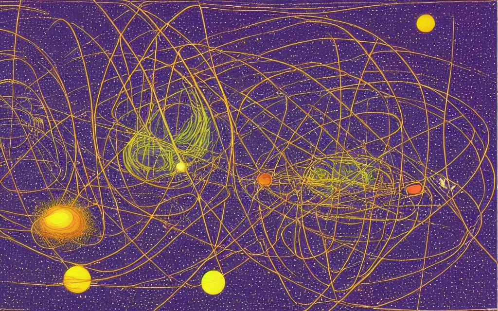 Prompt: the higgs field particles filling all of the universe, giving mass and impedance to all stars and planets. retro minimalist art by jean giraud.