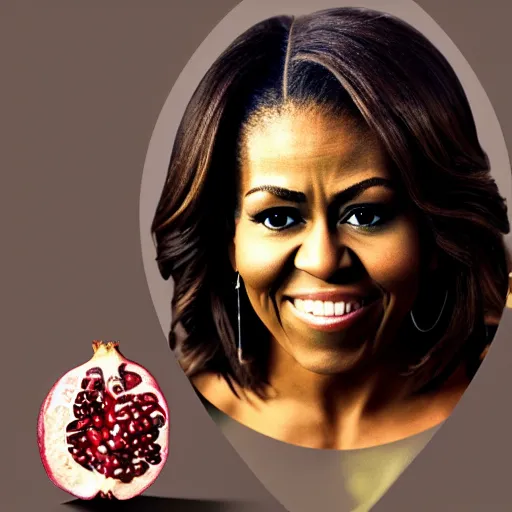 Prompt: photo of a pomegranate with michelle obama's face, standing tall, smiling softly, sharp detailed face, highly detailed, artstation, 8 k