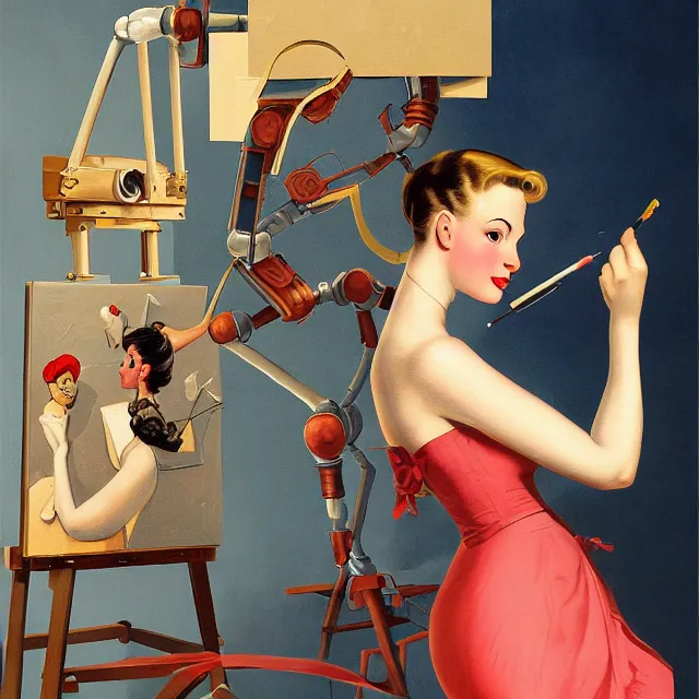 Image similar to robot artist painting a self - portrait on a canvas. intricate, highly detailed, digital matte painting in the style of gil elvgren and in the style of alexandria pyromallis. irony, recursion, inspiration.