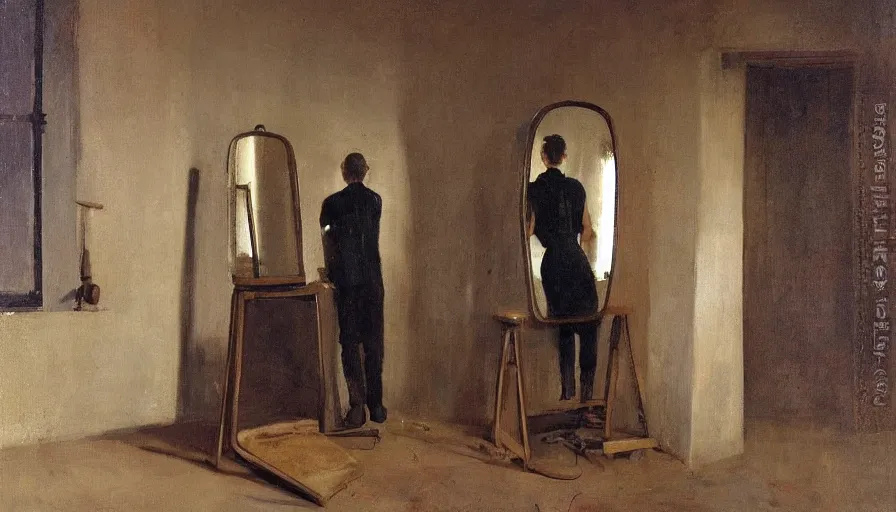 Image similar to painting by borremans, man back standing in front on the mirror and his back in the mirror with small village house and tiny tree, detailed, stunning