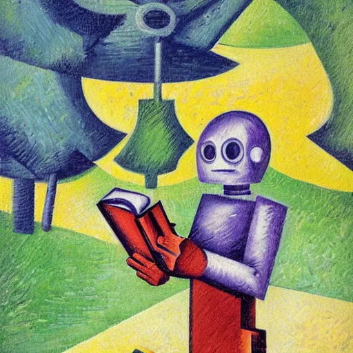 Prompt: A robot reading a book in a park, sunny day, colorful, in the style of Umberto Boccioni