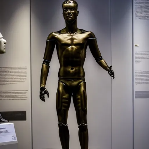 Image similar to a realistic detailed photo of a guy who is an attractive humanoid who is half robot and half humanoid, who is a male android, football player christian mccaffrey, shiny skin, posing like a statue, blank stare, at the museum, on display