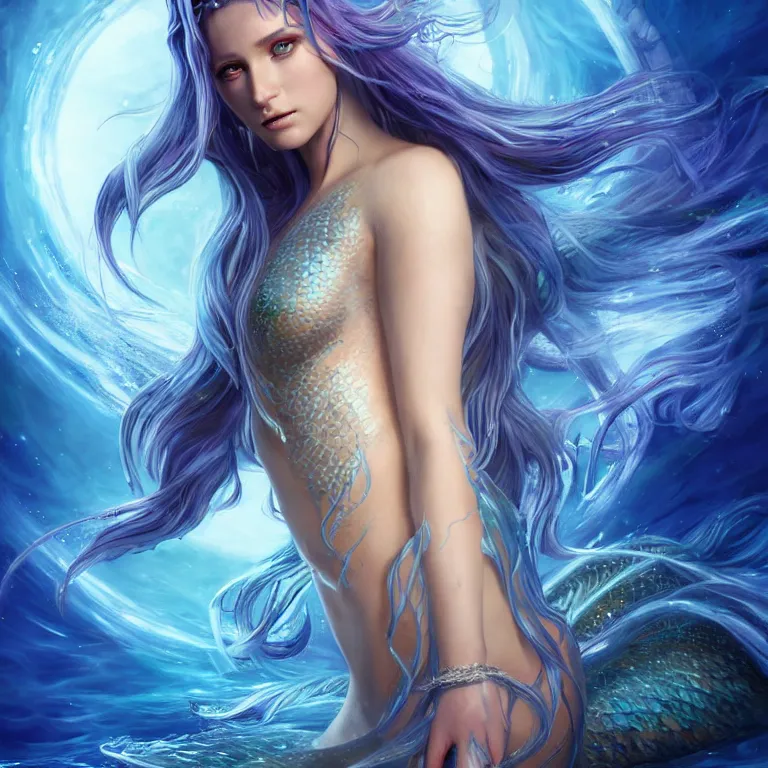 Image similar to beautiful cinematic fantasy poster, a beautiful glistening mermaid with flowing hair, beautiful glowing galaxy eyes, hybrid from The Elden Ring and art direction by Darius Zawadzki ;by artgerm; wayne reynolds art station; cinematic quality character render; low angle; ultra high quality model; production quality cinema model;