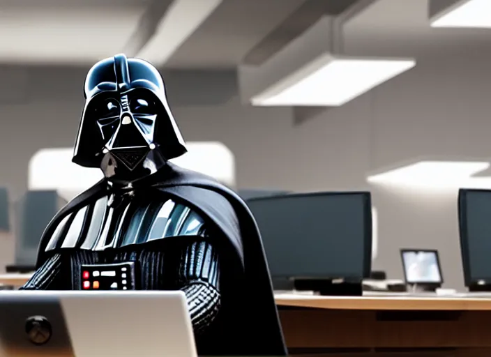 Image similar to film still of Darth Vader working in and office at a computer bored in the new Star Wars movie, 4k