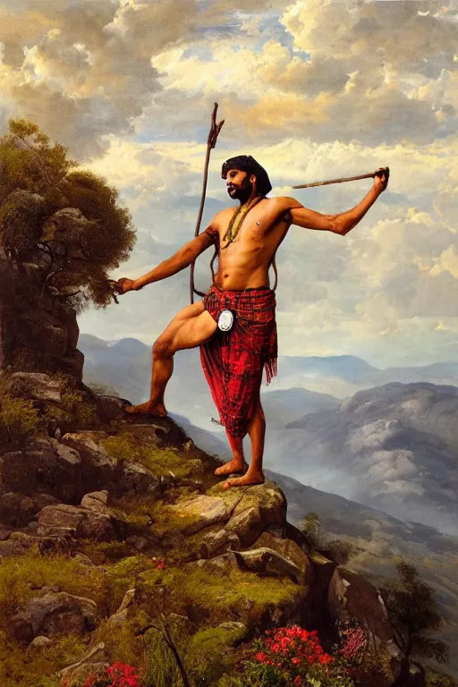Prompt: a dramatic epic beautiful painting of a shirtless desi man on a mountain path | he is wearing a scottish plaid kilt and cowboy hat, and holding a walking stick | background is mountains and clouds | dramatic lighting, golden hour, homoerotic | by mark maggiori, by walter crane, by gaston bussiere, by tom of finland | trending on artstation
