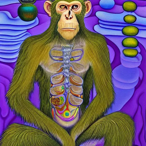 Prompt: an anthromorphic cyborg monkey man meditating in a zen garden, by amanda clark and amanda sage in a psychedelic style, oil on canvas