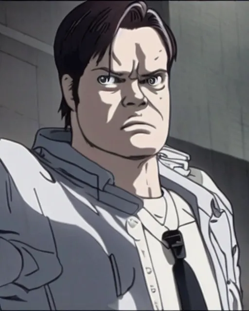 Prompt: a still of dwight schrute in ghost in the shell. anime style. highly detailed.