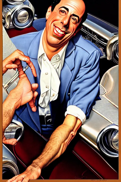 Image similar to portrait of jerry seinfeld by gil elvgren and norman rockwell and rob gonsalves and hajime sorayama, hyperrealistic, high detail, ultra detailed, highly detailed face