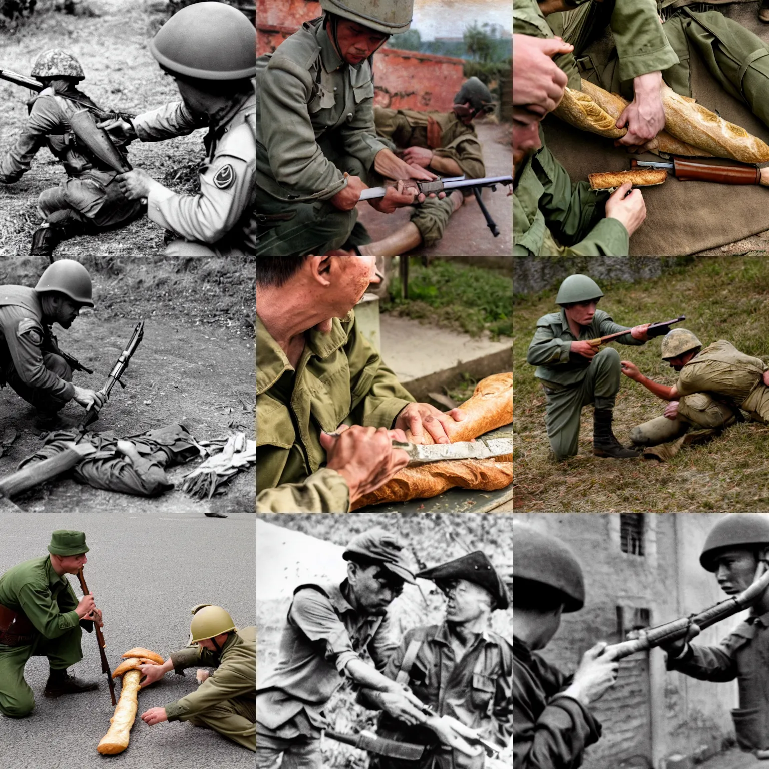 Prompt: viet cong soldier killing French person with baguette, highly detailed, 4k, award winning photography