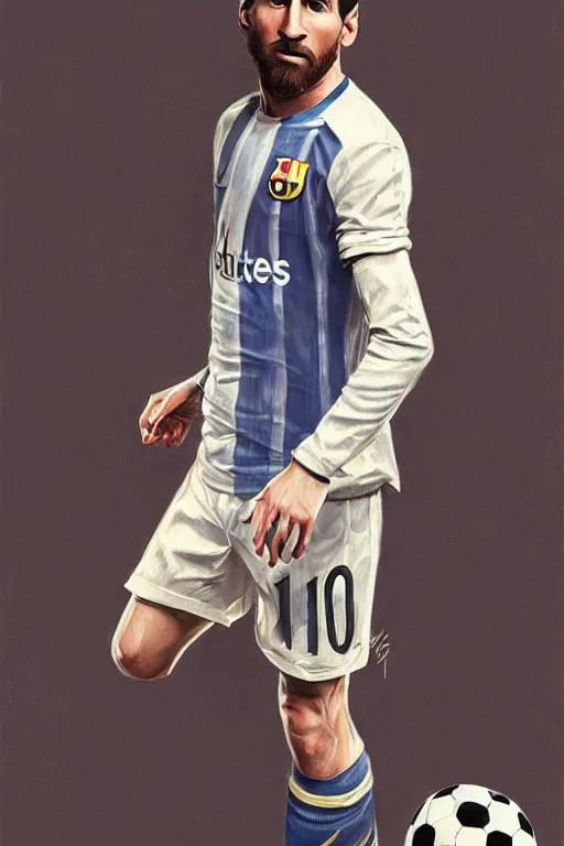 Prompt: male cottagecore lionel messi holding a soccer ball, intricate, swagger, highly detailed, digital painting, artstation, concept art, smooth, sharp, focus, illustration, art by artgerm and greg rutkowski and alphonse mucha