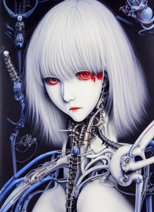 Image similar to Rei Ayanami by Yoshitaka Amano, by HR Giger, biomechanical, profile portrait, 4k, wide ayes, hyper detailed, hyperrealism, anime, a Blood Moon rising on a Broken World 4k very detailed deviantart artstation