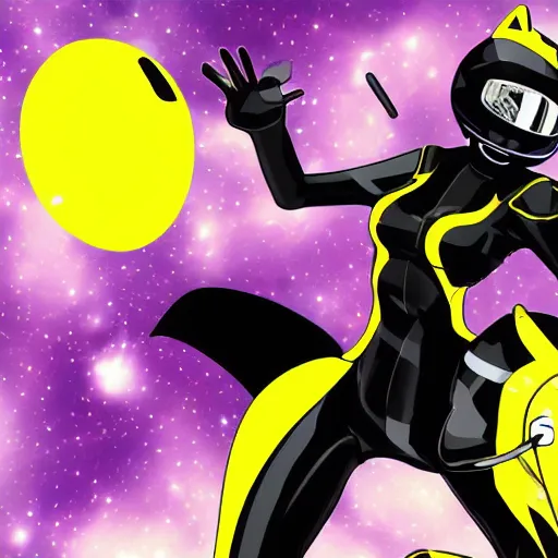 Image similar to black suit catgirl yellow motorcycle helmet, floating through galaxy, celty sturluson