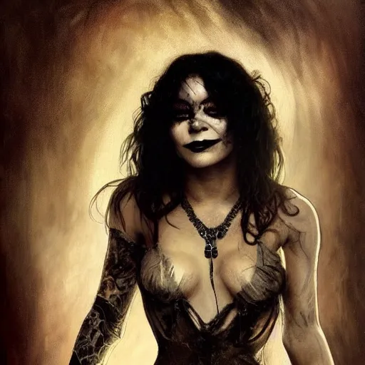 Image similar to beautiful portrait of vanessa hudgens as death from sandman, smiling, by cedric peyravernay, alphonse mucha, by jeremy mann, by lecouffe deharme, goth chic, soft lightning, eyeliner, punk rock, high detailed, 8 k