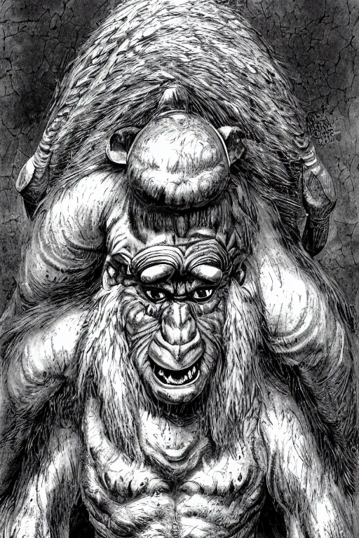 Image similar to hunched troll with a horn on his head, fantasy, highly detailed, digital art, sharp focus, trending on art station, kentaro miura manga art style